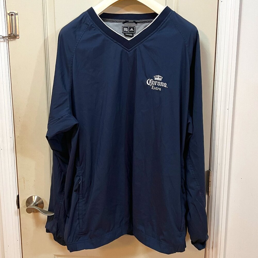 Adidas Men's Size 2XL ClimaProof 100% Polyester V Neck Windbreaker. Blue/White